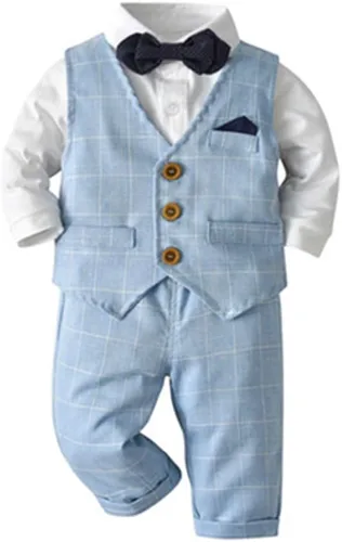 Vista 31 de IDOPIP Trajes de otoño e invierno para niños pequeños, camisa de manga larga con corbatín + chaleco + pantalones largos, overoles
