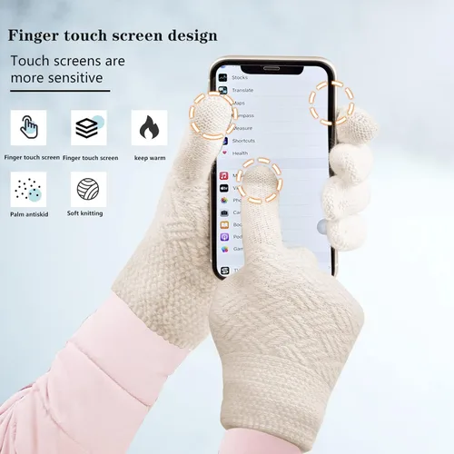 Vista 3 de Juego de 3 gorros de punto de invierno para mujer, bufanda y guantes para pantalla táctil con pompón