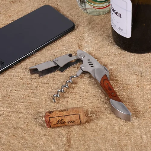 Vista 7 de Sacacorchos para camareros, abrebotellas de vino, acero inoxidable resistente, mango de palisandro, llave de vino en forma de tiburón, regalo