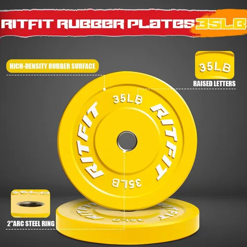 Vista 5 de RitFit Color Coded Bumper Plate, Olympic Bumper Plate for Barbell, 2-Inch Bumper Weight Plates With Steel Insert, rubber weight plates for Strength
