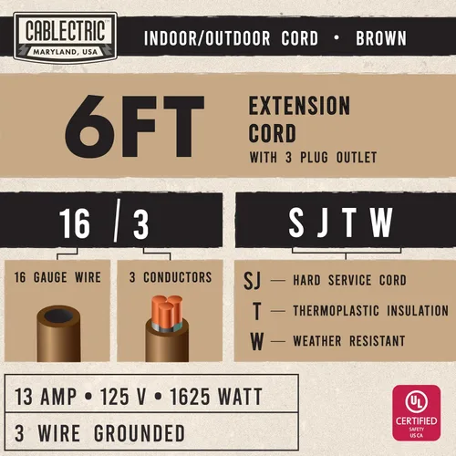 Vista 2 de Cable de extensión marrón de 6 pies con 3 tomas de corriente eléctrica, cable SJTW resistente 16/3 con enchufe de 3 clavijas para seguridad, 13