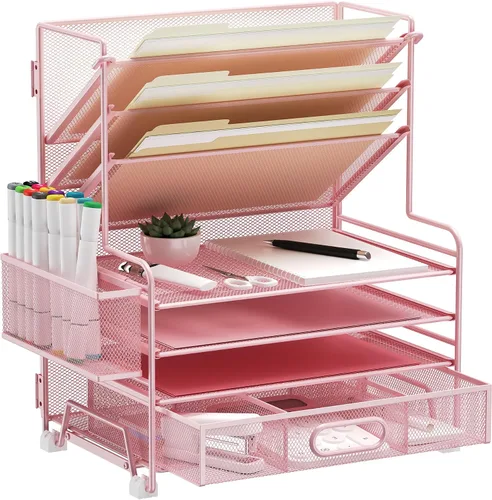 Vista 14 de MINDEPOT Organizador de papel de 4 niveles + soporte para archivos de 3 bolsillos + cajón + soportes para bolígrafos, organizador de archivos