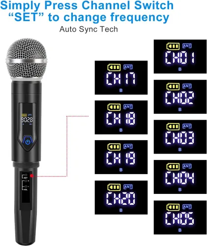 Vista 4 de Sistema de Micrófono Inalámbrico con Estuche, Micrófono Inalámbrico Dual de Mano UHF Metálico de 20 Canales Profesional para Iglesia, DJ, Karaoke