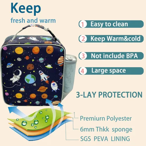 Vista 3 de Kulle - Lonchera para niños, bolsa de astronauta aislada para niños Leakproof Washable Liner,9"x3.5"x10", Front & Mesh Pockets,Reusable for