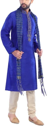 Vista 3 de MKP9007 - Pijama Kurta para hombre azul y marfil, traje indio de Bollywood Sherwani, Azul Patchwork
