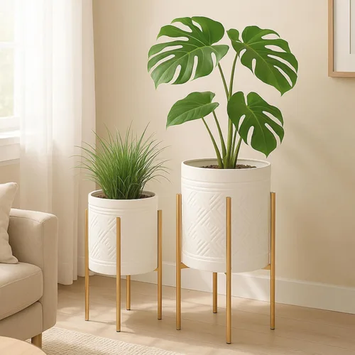 Vista 2 de Macetas decorativas con soporte de metal para decoración del hogar, macetas modernas para decoración de pasillo, entrada y sala de estar, macetas