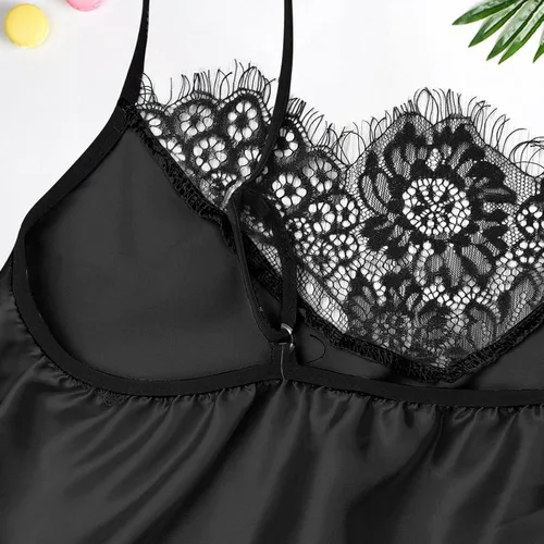Vista 8 de Nskgu Conjunto de pijama de satén para mujer, lencería sexy, ropa de noche, 2 piezas con ribete de encaje, camisola y pantalones cortos, conjuntos