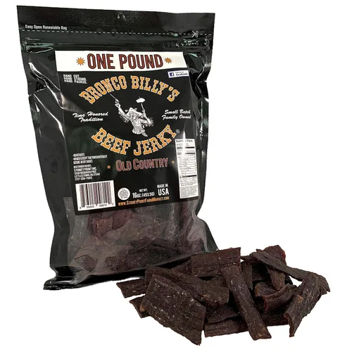 Vista 17 de Bolsa resellable de media libra de carne de res con sabor a bourbon Bronco Billy's Beef Jerky