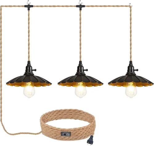 Vista 13 de Lámpara Colgante Enchufable de 15 pies con Cable, Interruptor Regulable, Lámpara Colgante de Ratán con Mimbre Tejido a Mano, Candelabro Enchufable