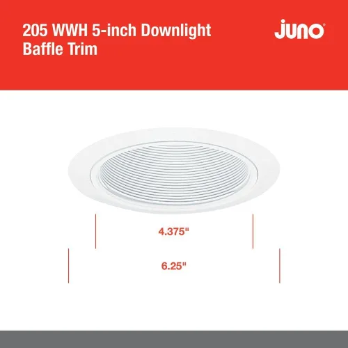 Vista 4 de Juno Lighting 205W-WH - Lámpara empotrable de 5 pulgadas, deflector de luz empotrada, color blanco con ribete blanco