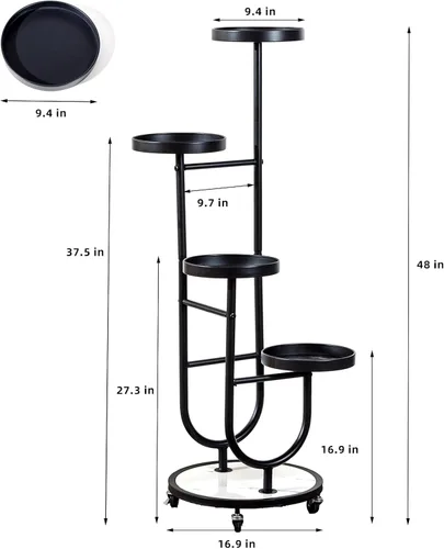 Vista 6 de CHPHI Soporte para plantas de hierro forjado de 4 niveles para interiores, estante alto de metal para múltiples plantas, soporte de metal con ruedas