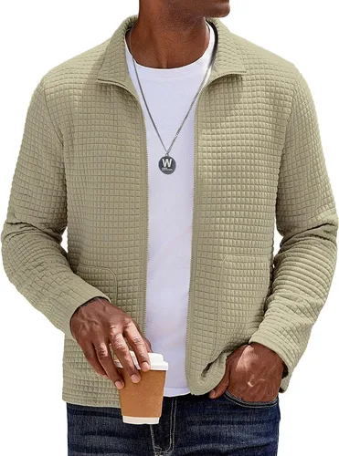 Vista 10 de COOFANDY Chaqueta Varsity Ligera para Hombre Chaquetas Bomber Casuales Sudaderas Waffle con Cremallera y Bolsillo