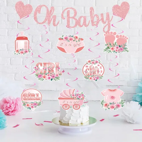 Vista 7 de Oh Baby - Cartel de revelación de género rosa con espirales Decoraciones de baby shower para fiesta de niña