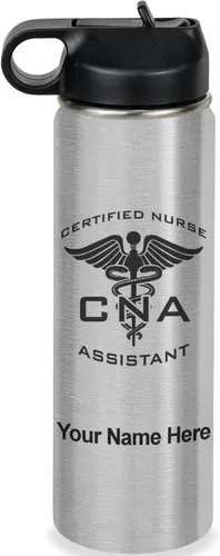 Vista 47 de LaserGram Botella de agua personalizada, asistente de enfermería certificada por la CNA, acero inoxidable de doble pared aislada al vacío con popote