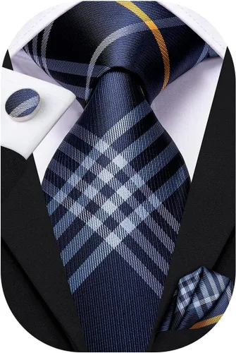 Vista 297 de Hi-Tie Corbata clásica de cachemira para hombre con pañuelo y gemelos a cuadros