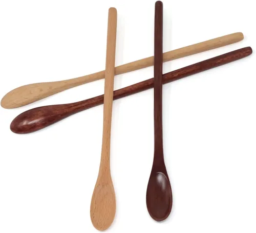Vista 3 de Honbay 4 cucharas de café de madera de mango largo, cucharaditas de mezcla de madera, cucharas de té helado para batido de espresso, bebidas frías