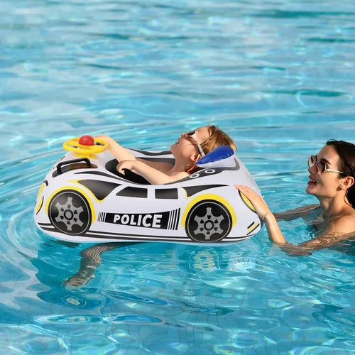 Vista 6 de Flotador de piscina para niños pequeños con volante, flotador de piscina para bebés sin giro con asiento y respaldo, PVC grueso inflable de policía
