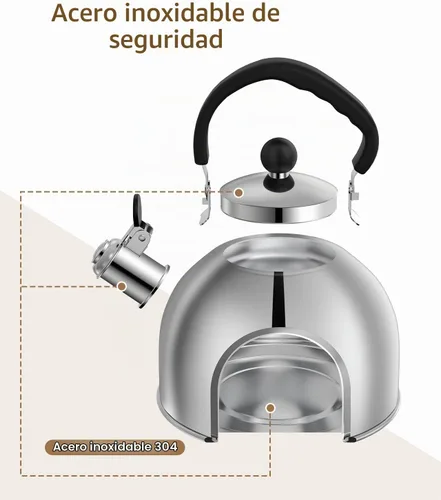 Vista 7 de Tetera para estufa - Tetera de acero inoxidable, hervidor de 2 litros para acampar, calefacción eficiente, silbato audible, mango seguro - hervidor