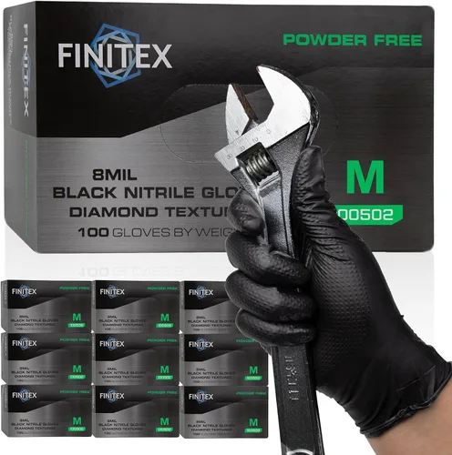 Vista 12 de FINITEX Industrial Diamond Texture Nitrile Black Glove - 100/1000PCS Chemical Resistant 8mil Mechanic Disposable Gloves