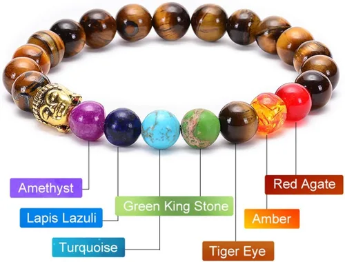 Vista 2 de Brazalete GelConnie de piedras de lava, 7 chakras, 0.32 pulgadas, piedra natural, para curación, alivio del estrés, yoga, ansiedad, aromaterapia