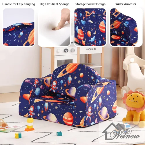 Vista 4 de Welnow Sofá infantil 2 en 1, silla convertible para niños, sofá abatible para niños con reposabrazos ondulados, sofá plegable para juegos para niños