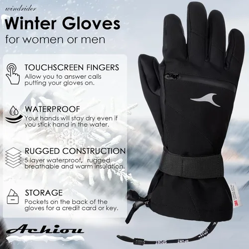 Vista 5 de Achiou Guantes de esquí impermeables para snowboard, guantes de invierno para clima frío para hombres y mujeres, guantes de nieve con pantalla táctil