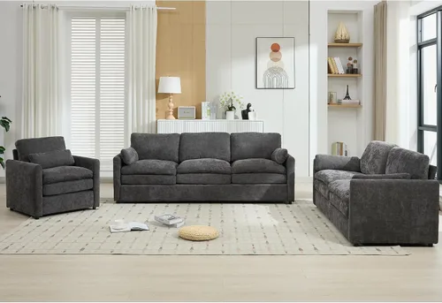 Vista 7 de P PURLOVE Juego de sofá tapizado de 3 piezas, cojín doble para sala de estar, oficina en casa (gris)