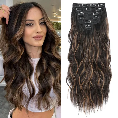 Vista 29 de Fliace Extensiones de cabello con clip para mujer, extensiones de cabello ondulado largo de color marrón medio, extensiones de cabello sintético
