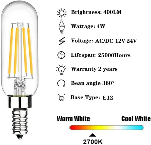 Vista 2 de SHUWDKAR Bombillas LED de candelabro de 12 voltios, base E12, 4 W, blanco cálido, 2700 K, 40 W, incandescente de repuesto de bajo voltaje, bombilla