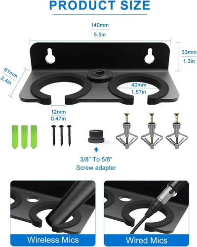 Vista 6 de Soporte para micrófono múltiple para colgar micrófonos dinámicos, con cable e inalámbricos, soporte de micrófono doble, acolchado de goma/montado