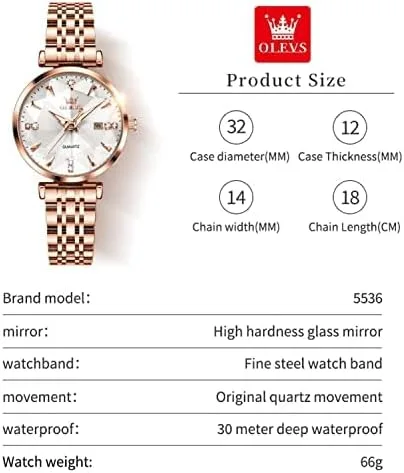 Vista 4 de OLEVS Relojes de mujer Vestido simple Reloj de mujer Reloj de acero inoxidable de oro rosa Reloj impermeable de cuarzo con fecha de lujo