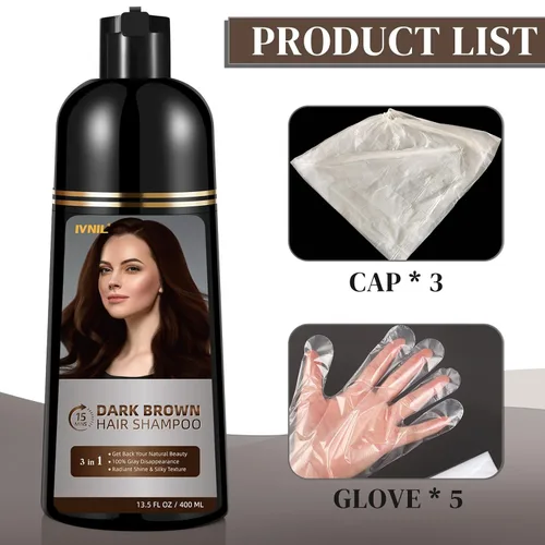 Vista 4 de Ivnil - Champú de tinte para cabello castaño oscuro para cobertura de cabello gris, champú permanente 3 en 1 para canas, Champu con tinte