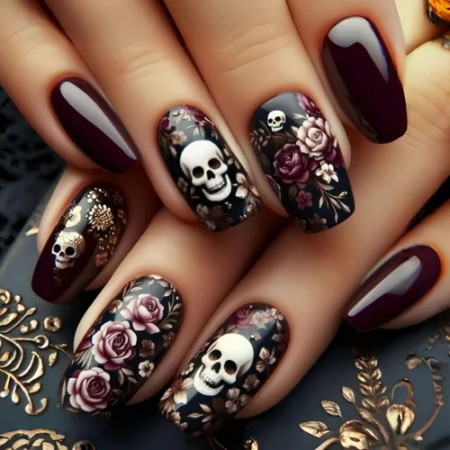 Vista 17 de Uñas postizas a presión para Halloween, cuadradas, cortas, con diseños de bosque lunar, uñas postizas con pegamento oscuro brillante en las uñas