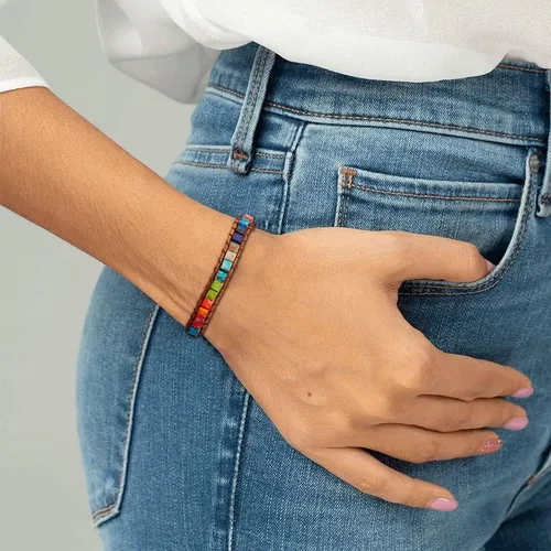 Vista 2 de sedmart - Pulseras de los 7 chakras para mujeres con piedras reales y correa de cuero, cuentas curativas para hombres y mujeres, joyería bohemia