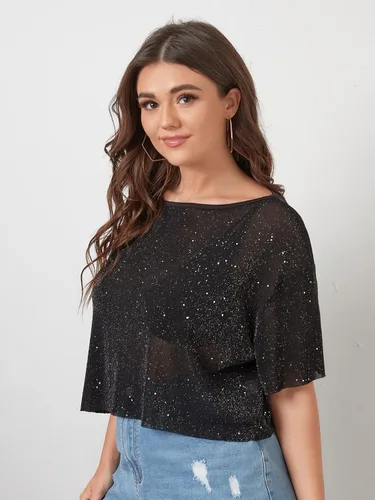 Vista 3 de Romwe Camiseta de manga corta transparente con purpurina para mujer talla grande de malla transparente