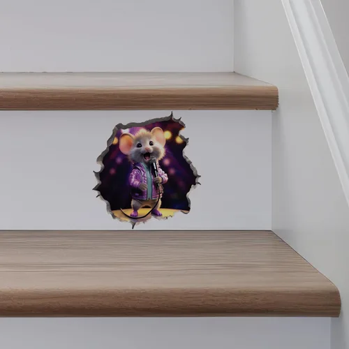 Vista 5 de Calcomanía de pared 3D con agujero de ratón cantando en el agujero del ratón