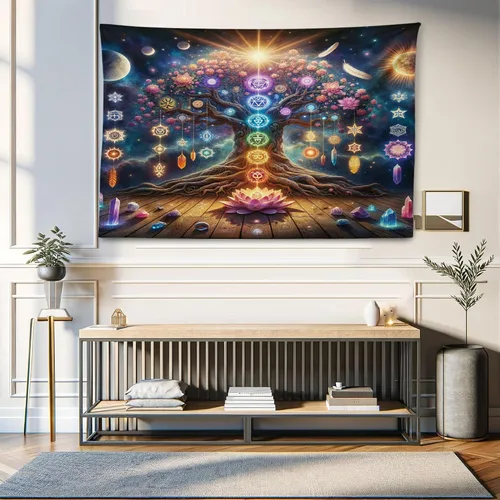 Vista 90 de Ambesonne Tapiz hippie, abrazo de hongos de ensueño y árbol de la vida místico y mandal verde, decoración de tela para colgar en la pared