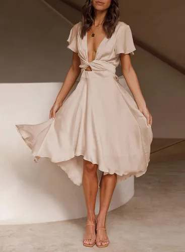 Vista 4 de miduo - Vestido largo de satén con cuello en V, volantes, manga corta, lazo frontal, cintura alta, longitud por debajo de la rodilla y acampanado