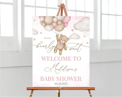 Vista 20 de Globo de aire caliente azul Boho Bear Can Bearly Wait Welcome Sign Decoración, descarga instantánea, letrero de plástico