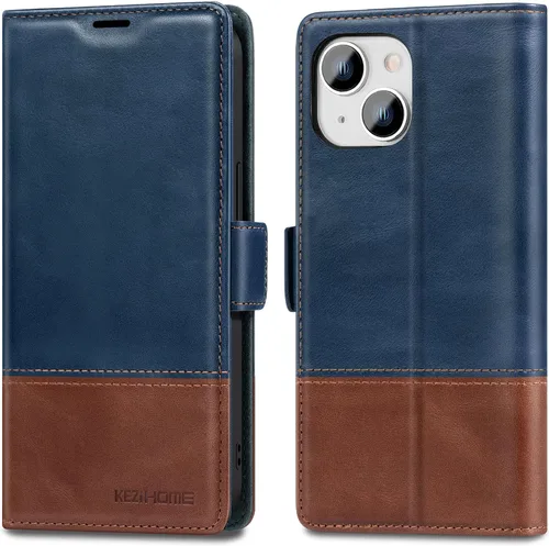 Vista 13 de KEZiHOME Funda para iPhone 15, de piel auténtica, bloqueo RFID, carcasa interior de TPU, cierre magnético, ranura para tarjetas, a prueba de golpes