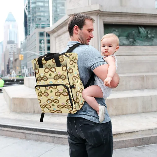 Vista 7 de Diaper Bag Backpack, Cream and Green Floral Shamrock Pattern, 15L Capacity Nylon Tote with Multiple Pockets, Stroller Clips, 11.02x5.91x15.3 Inches