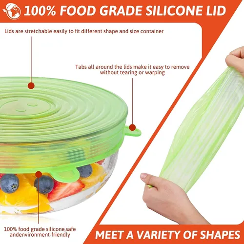 Vista 3 de Tapas elásticas de silicona – 12 tapas de silicona para almacenamiento de alimentos – Cubiertas redondas flexibles de silicona – Cubierta