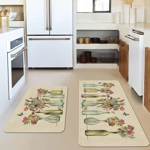 Vista 7 de Juego de 2 tapetes y tapetes de cocina con diseño floral de primavera, diseño floral de acuarela para piso, decoración de fregadero de cocina