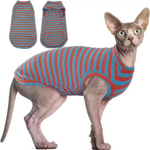 Vista 10 de BRKURLEG Camisa de punto para gatos, chaleco sin mangas para gatos Sphynx y perros pequeños, ropa suave de primavera y verano, camisetas Rayas azules