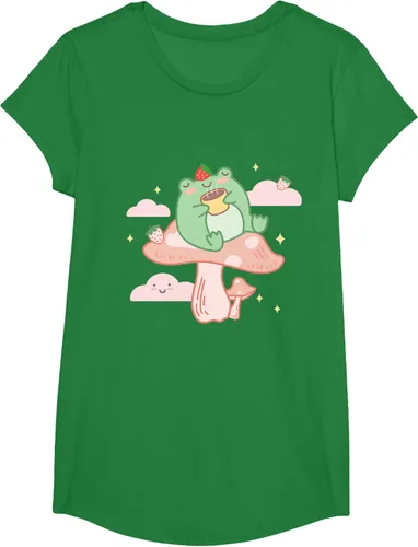 Vista 40 de Kawaii Strawberry Frog On Mushroom - Camiseta de manga corta de anime, Azul / Patchwork, S Azul Pastel