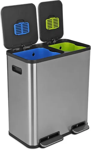Vista 8 de Cubo de basura rectangular de 70 litros/18.5 galones con pedal, sin contacto manual, doble compartimento para reciclaje de cocina, con tapa Acero