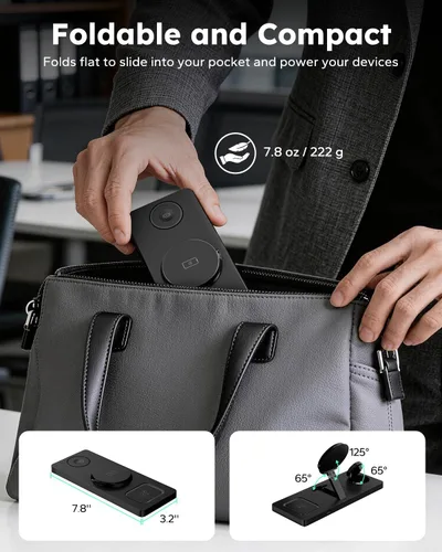 Vista 3 de Estación de carga plegable 3 en 1 para Magsafe, soporte magnético para teléfono y reloj para dispositivos Apple, cargador inalámbrico de escritorio