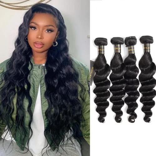 Vista 8 de Mechones de cabello suelto con ondas profundas peruanas con cierre, (16"18"20"+14Cierre) Extensiones de cabello peruano virgen 8A con mechones