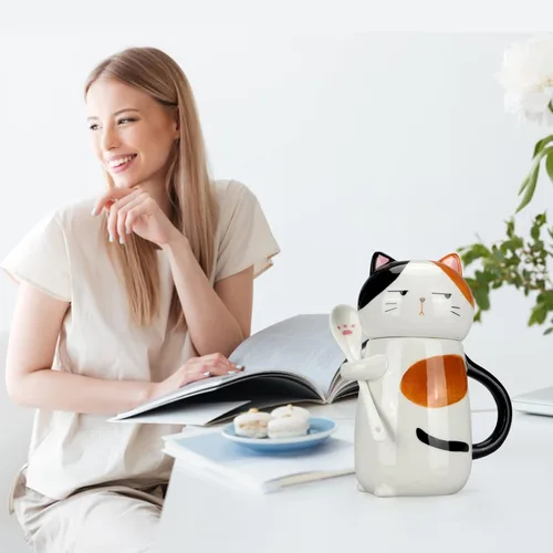 Vista 2 de Taza de café grande y bonita de cerámica con tapa y cuchara, divertida taza de gato para mujeres y damas, tazas de café Kawaii 3D únicas de gato