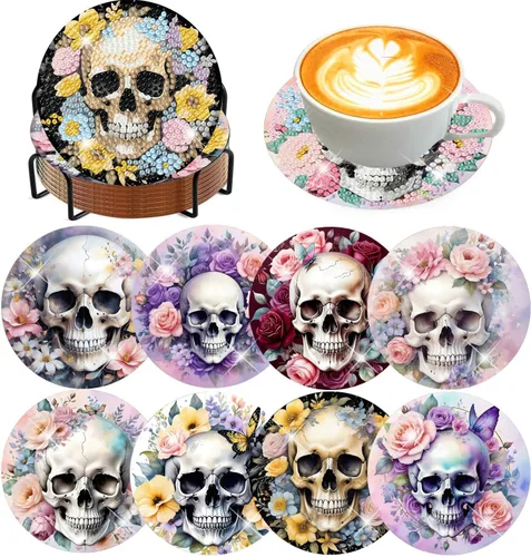 Vista 28 de Meothan Juego de 8 posavasos de arte de diamante para adultos con soporte, almohadillas de corcho, posavasos de arte de puntos de diamante de vidrio